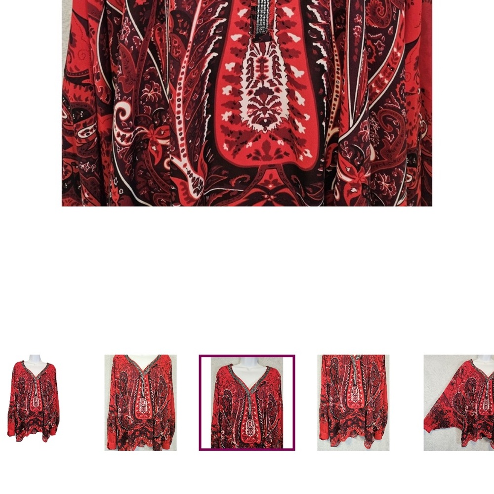 Lane Bryant Blouse Womens Plus Sz 18/20 Red Paisley V-Neck Boho Sheer Top